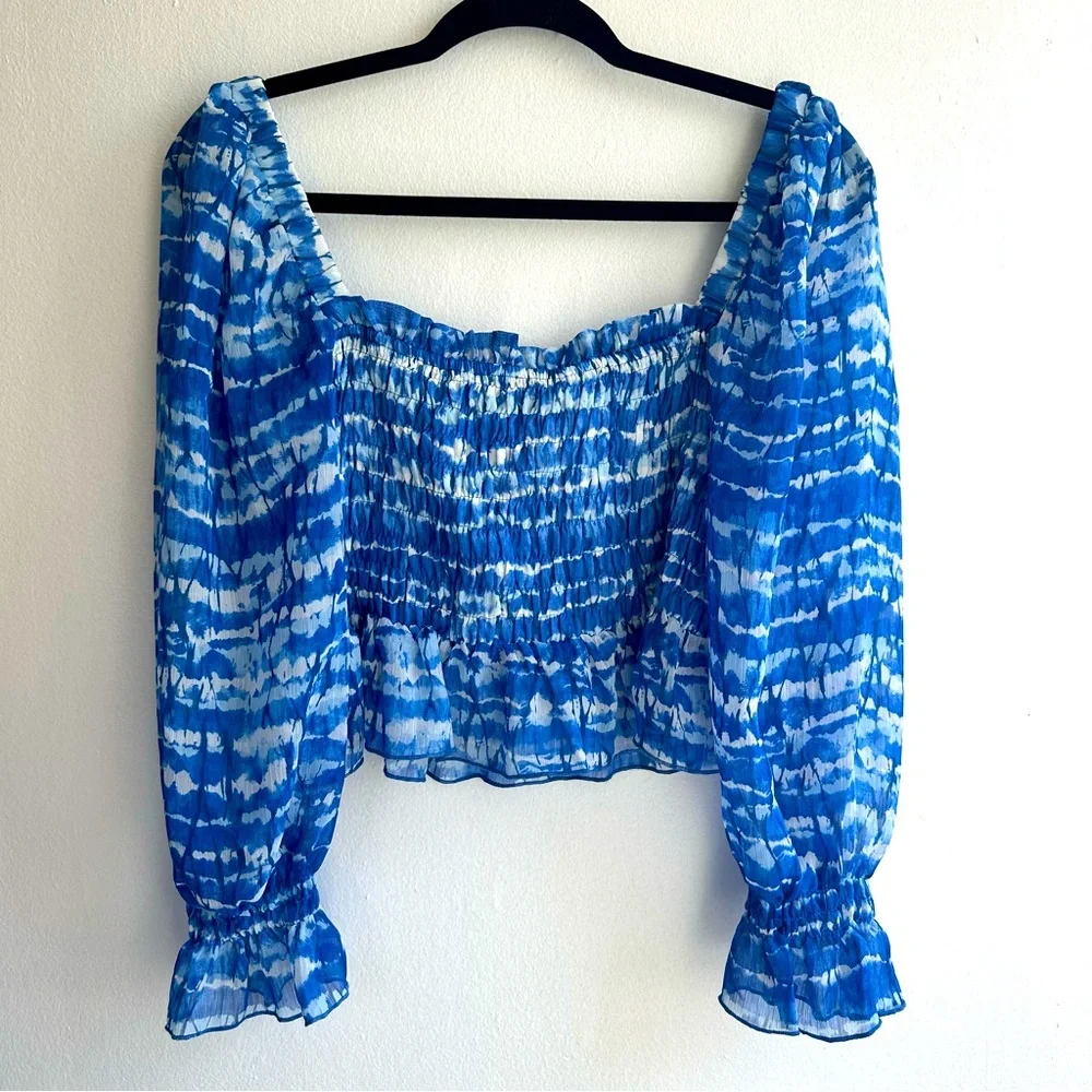 ZARA Blue Tie-Dye Smocked Puff Sleeve Top – Coastal Boho Festival Vibes Size L